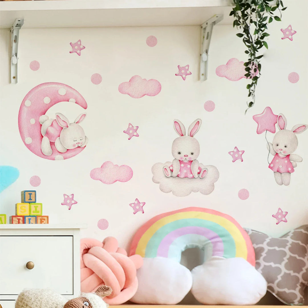 Pink Bunny Moon Clouds Wall Decals For Nursery Room