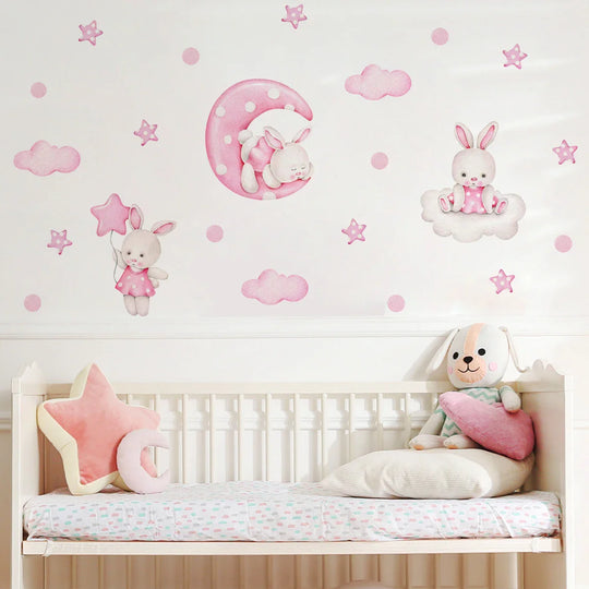 Pink Bunny Moon Clouds Wall Decals For Nursery Room