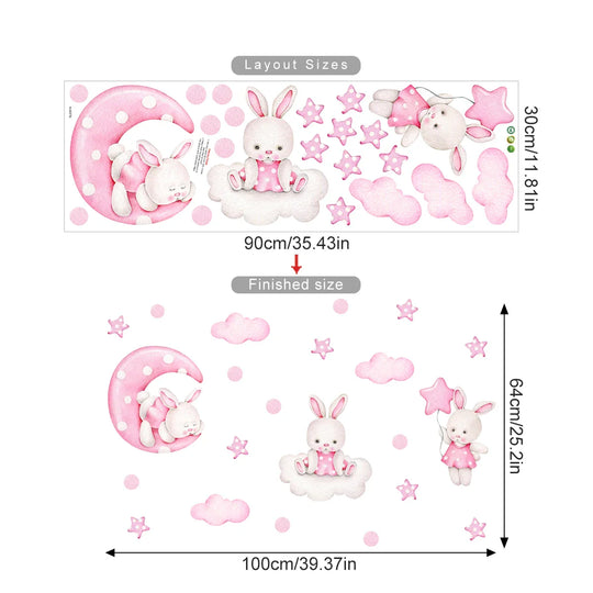 Pink Bunny Moon Clouds Wall Decals For Nursery Room