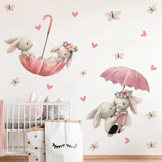 Pink Bunny Umbrella And Butterfly Wall Decals For Nursery