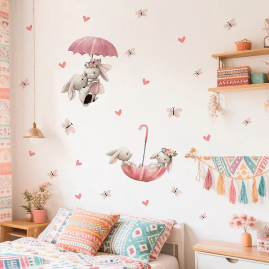 Pink Bunny Umbrella And Butterfly Wall Decals For Nursery