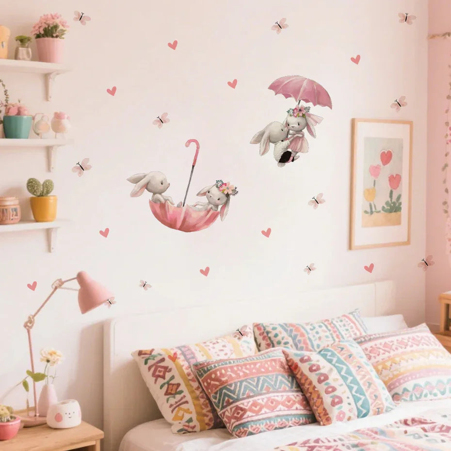 Pink Bunny Umbrella And Butterfly Wall Decals For Nursery