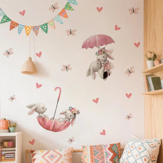 Pink Bunny Umbrella And Butterfly Wall Decals For Nursery