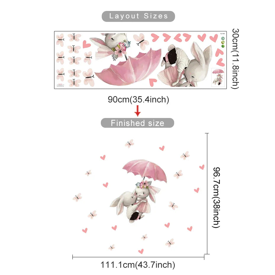 Pink Bunny Umbrella And Butterfly Wall Decals For Nursery