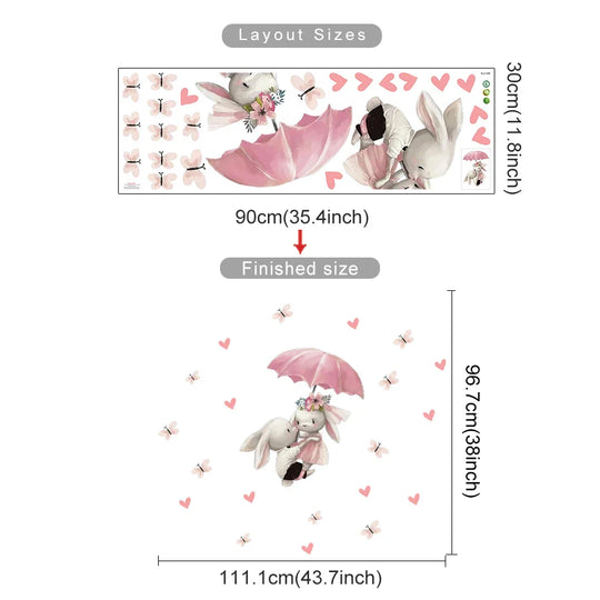 Pink Bunny Umbrella And Butterfly Wall Decals For Nursery