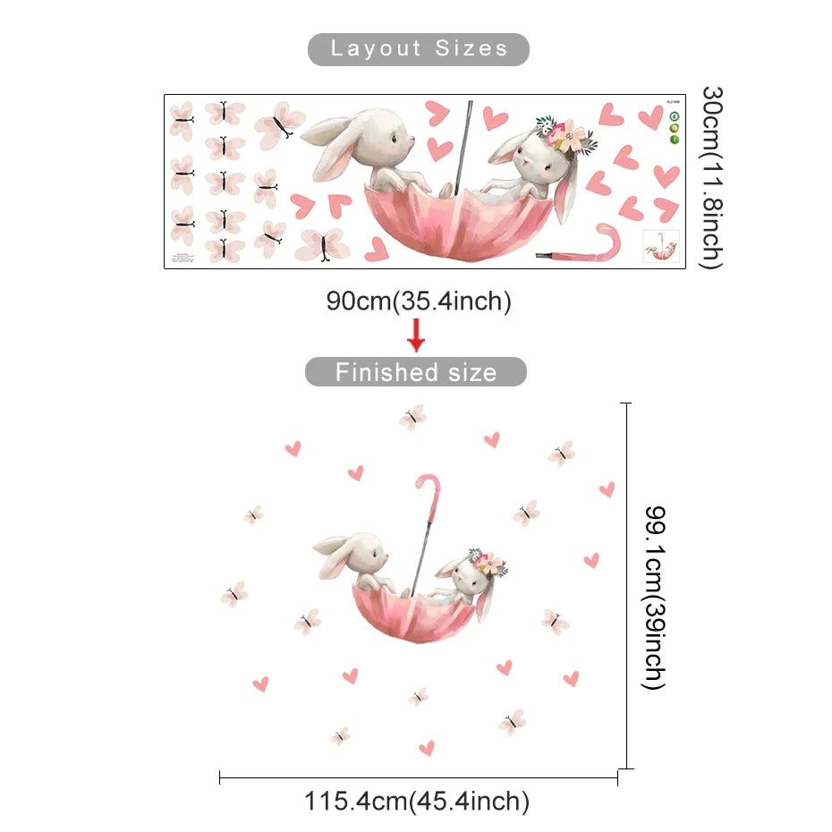 Pink Bunny Umbrella And Butterfly Wall Decals For Nursery