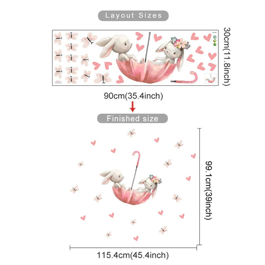 Pink Bunny Umbrella And Butterfly Wall Decals For Nursery