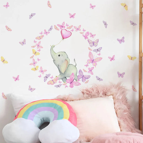 Pink Butterflies Elephant And Balloon Wall Mural For Nursery