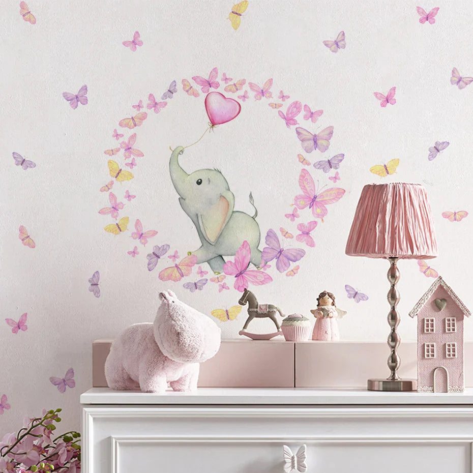Pink Butterflies Elephant And Balloon Wall Mural For Nursery