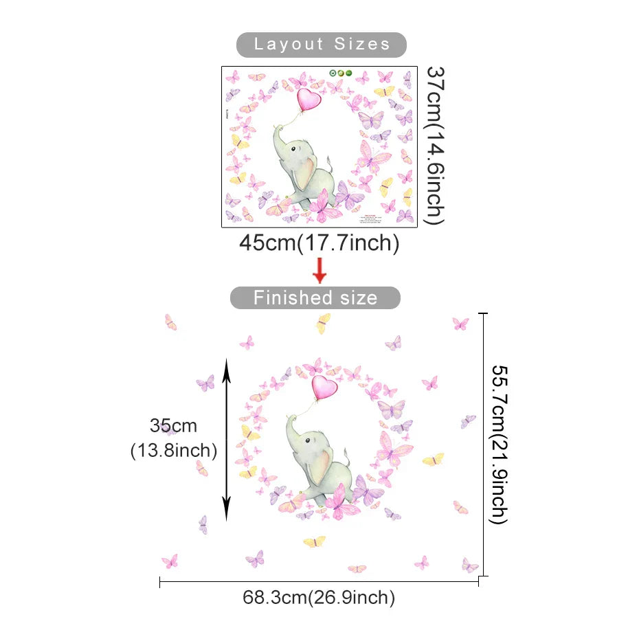 Pink Butterflies Elephant And Balloon Wall Mural For Nursery