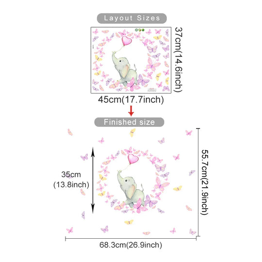 Pink Butterflies Elephant And Balloon Wall Mural For Nursery