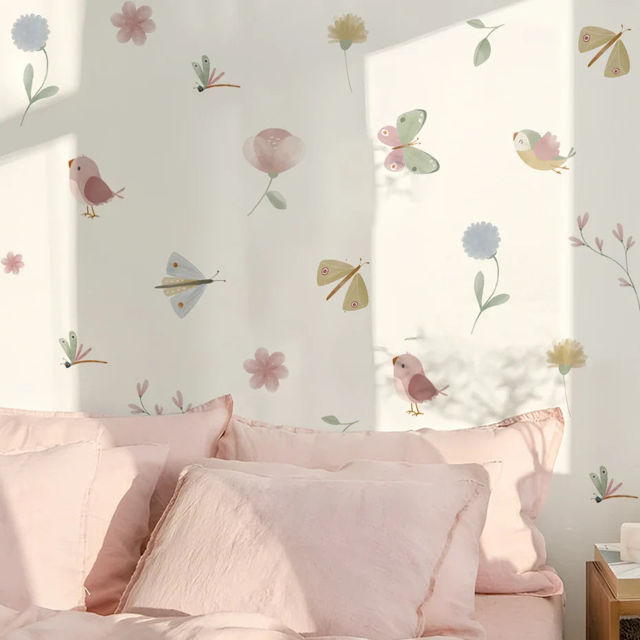 Pink Butterfly Bird Wall Decals
