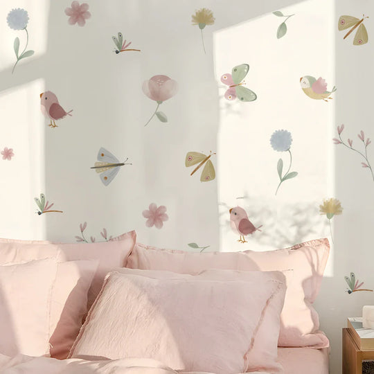 Pink Butterfly Bird Wall Decals