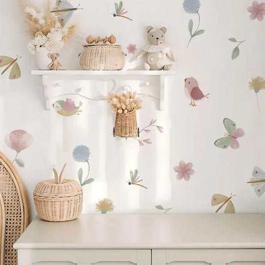 Pink Butterfly Bird Wall Decals