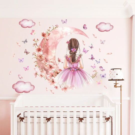 Pink Butterfly Moon Princess Wall Mural For Girls Room