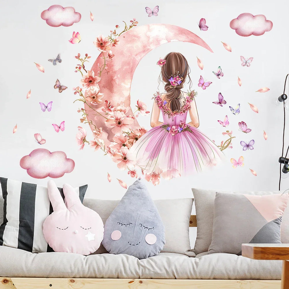Pink Butterfly Moon Princess Wall Mural For Girls Room