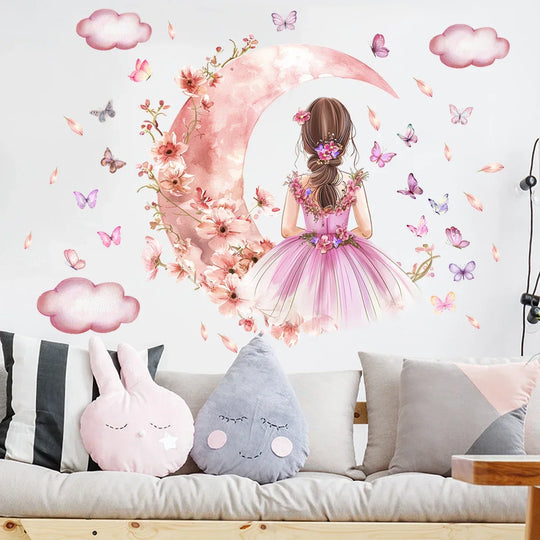 Pink Butterfly Moon Princess Wall Mural For Girls Room