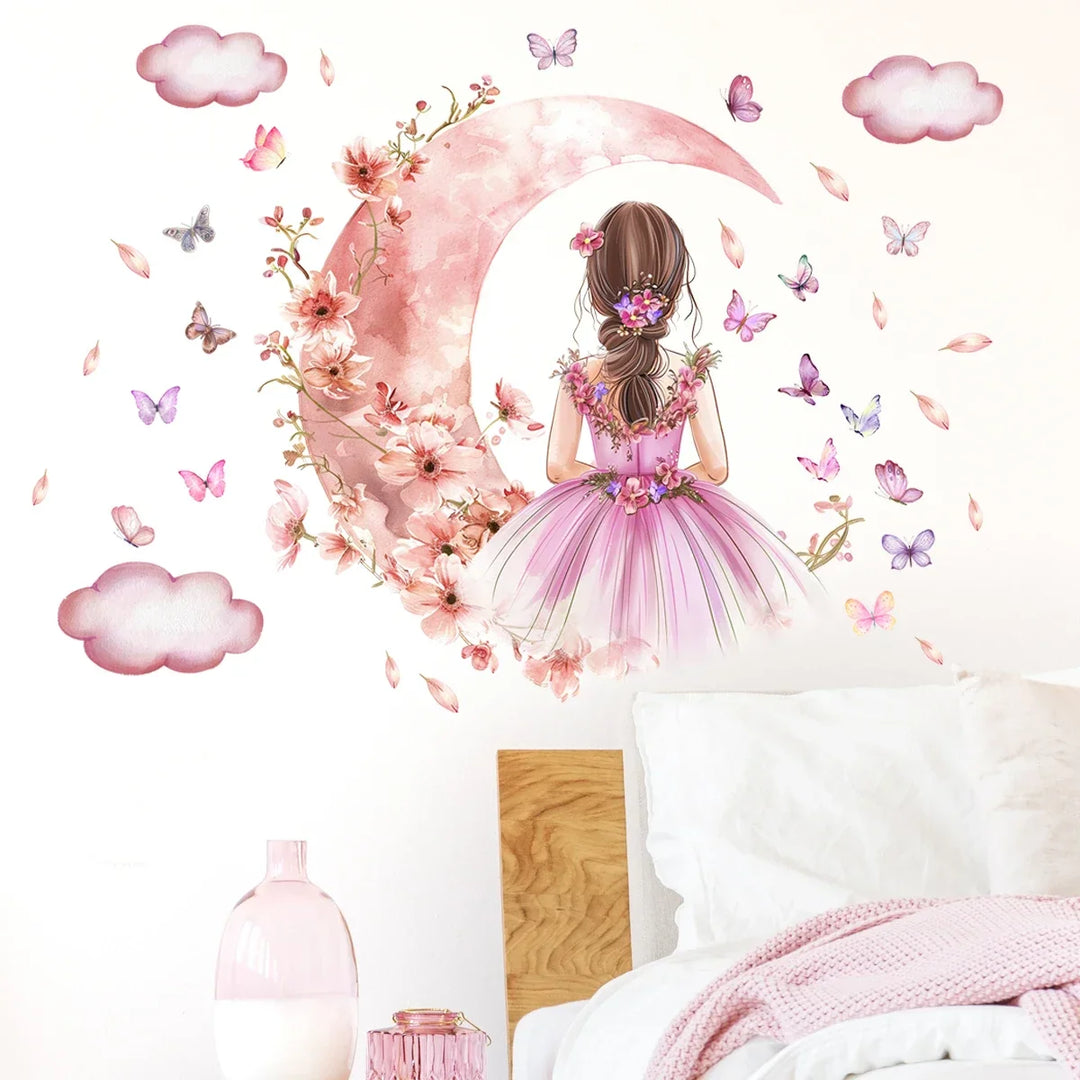 Pink Butterfly Moon Princess Wall Mural For Girls Room