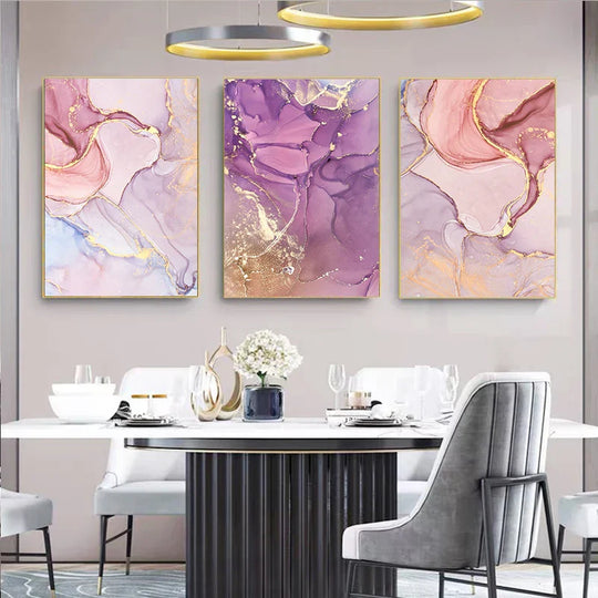 Set of 3 Pink Purple Agate Abstract Canvas Wall Art