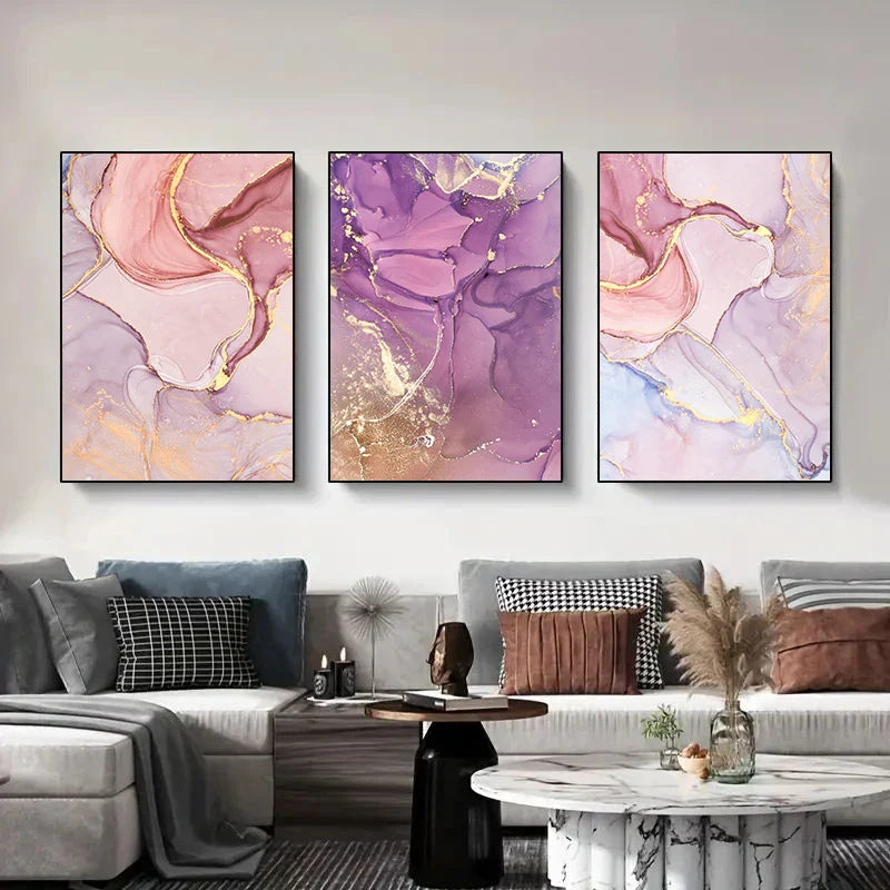 Set of 3 Pink Purple Agate Abstract Canvas Wall Art