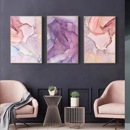 Set of 3 Pink Purple Agate Abstract Canvas Wall Art