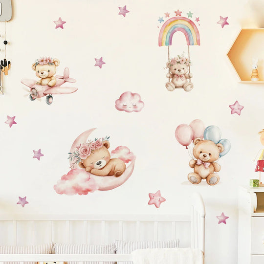 Pink Rainbow Teddy Bear Moon And Stars Wall Decals For Nursery