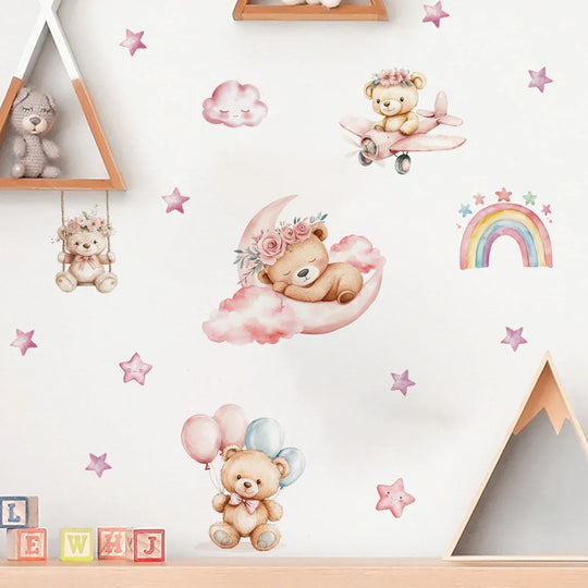 Pink Rainbow Teddy Bear Moon And Stars Wall Decals For Nursery