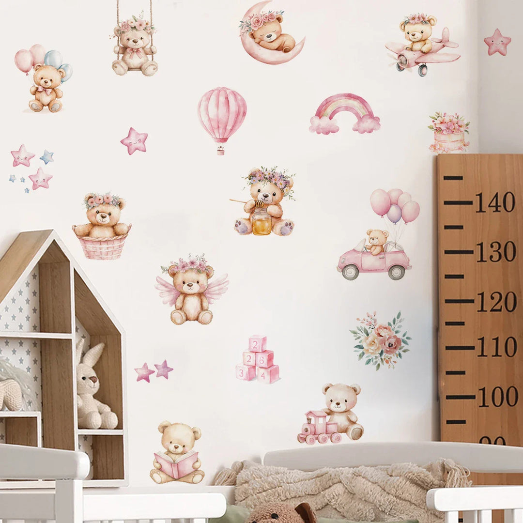 Pink Rainbow Teddy Bear Moon And Stars Wall Decals For Nursery
