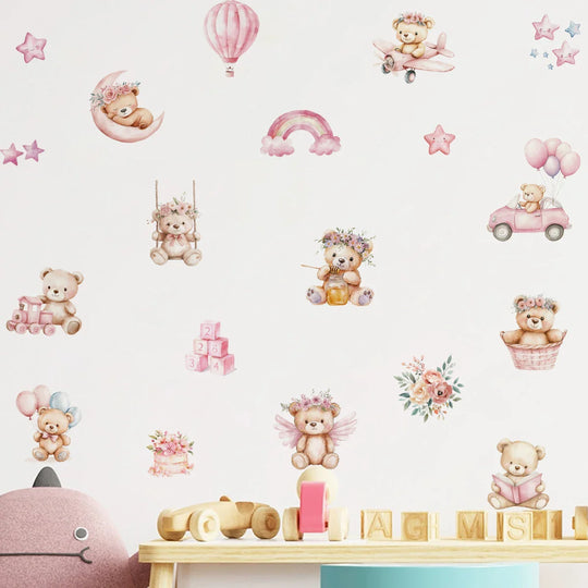 Pink Rainbow Teddy Bear Moon And Stars Wall Decals For Nursery