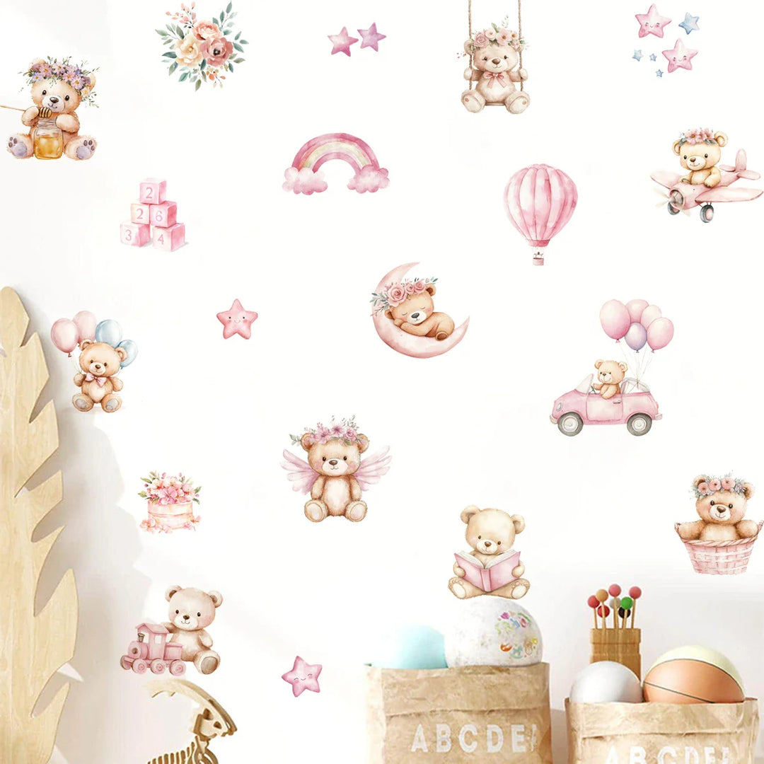 Pink Rainbow Teddy Bear Moon And Stars Wall Decals For Nursery