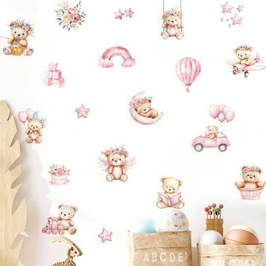 Pink Rainbow Teddy Bear Moon And Stars Wall Decals For Nursery