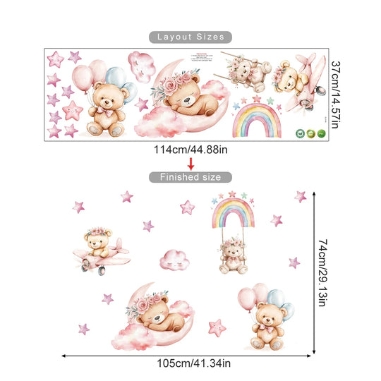 Pink Rainbow Teddy Bear Moon And Stars Wall Decals For Nursery
