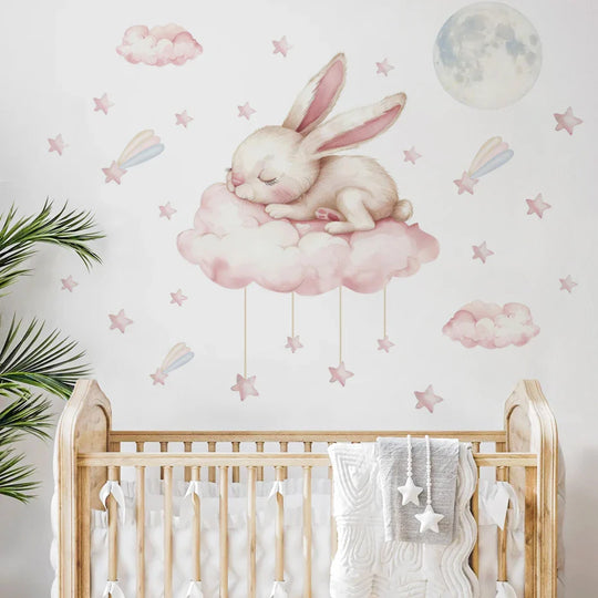 Pink Sleeping Bunny And Moon Wall Decal For Nursery