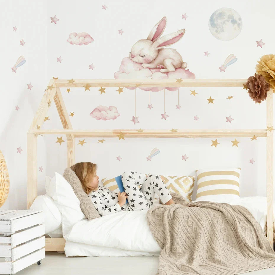 Pink Sleeping Bunny And Moon Wall Decal For Nursery