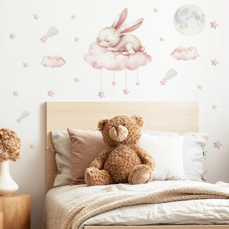 Pink Sleeping Bunny And Moon Wall Decal For Nursery