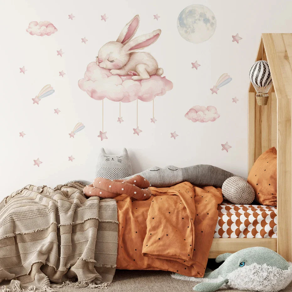 Pink Sleeping Bunny And Moon Wall Decal For Nursery