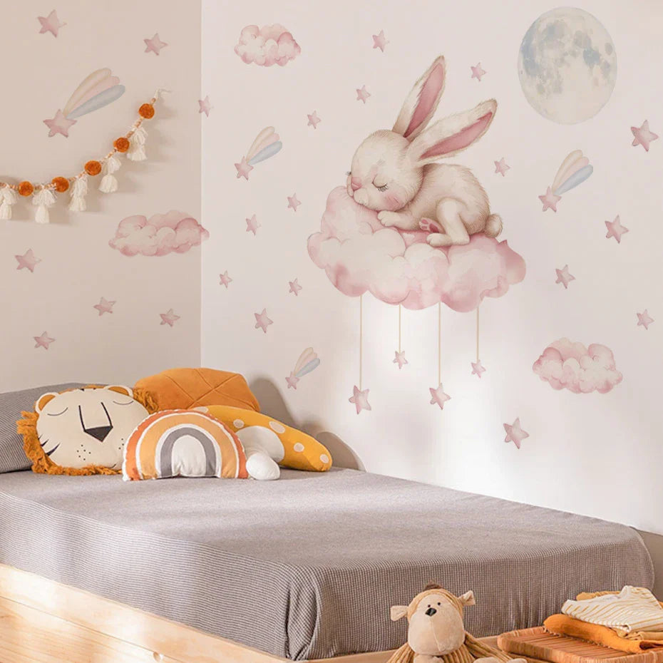 Pink Sleeping Bunny And Moon Wall Decal For Nursery