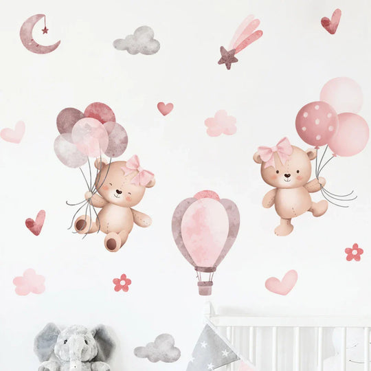 Pink Teddy Bear Balloon Stars Wall Decals