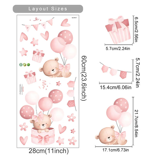 Pink Teddy Bear Balloon Stars Wall Decals