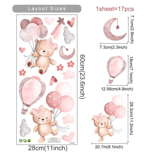 Pink Teddy Bear Balloon Stars Wall Decals