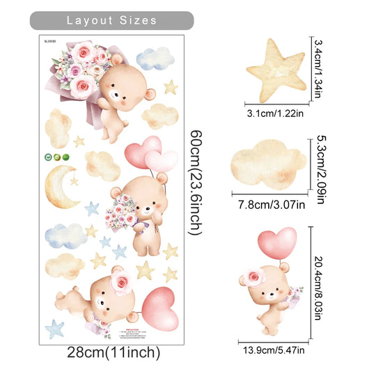 Pink Teddy Bear Balloon Stars Wall Decals