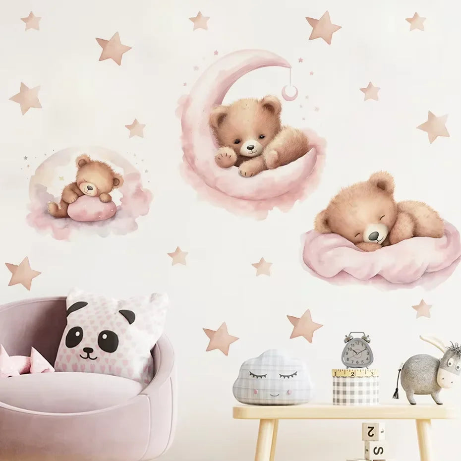 Pink Teddy Bear Balloon Stars Wall Decals