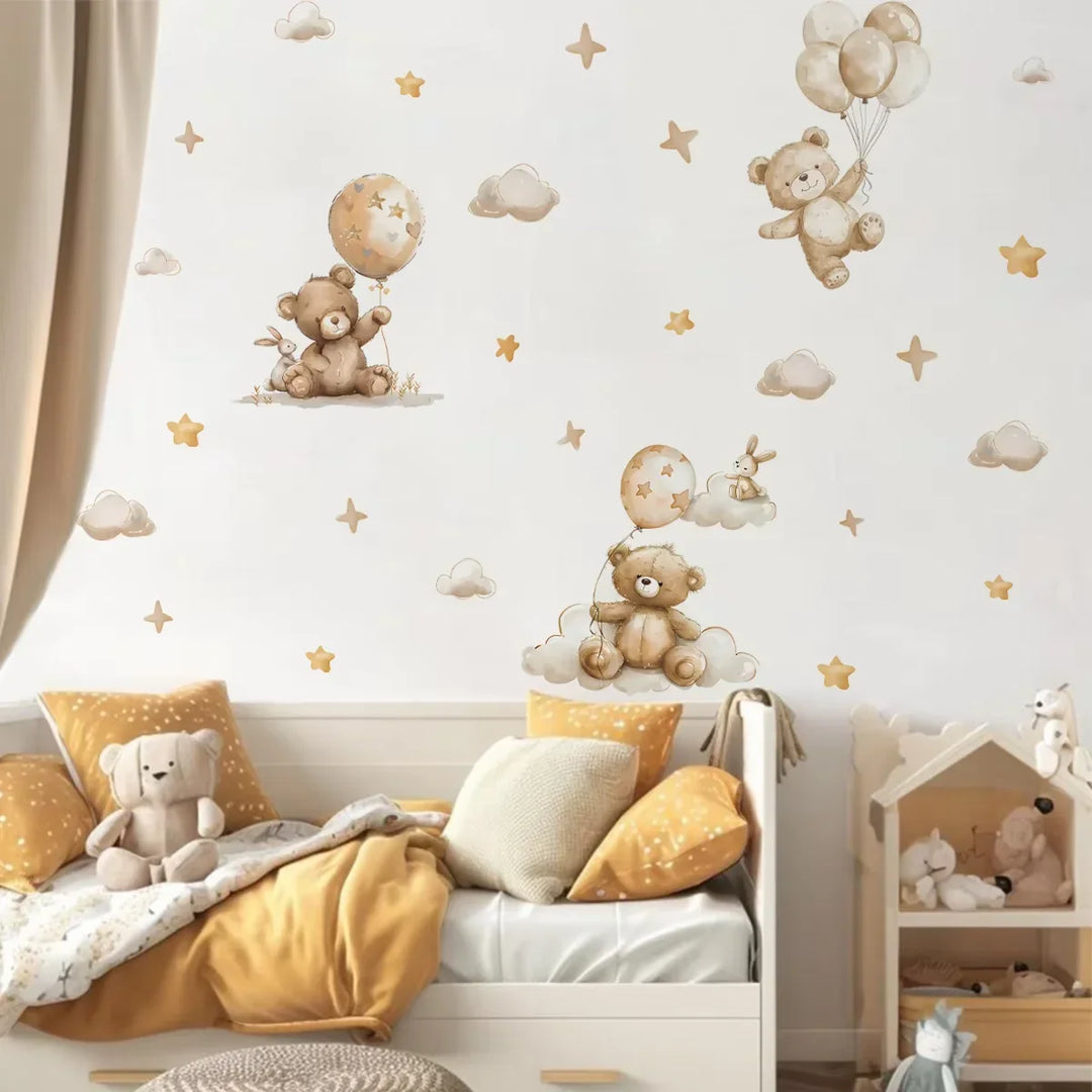 Pink Teddy Bear Balloon Stars Wall Decals