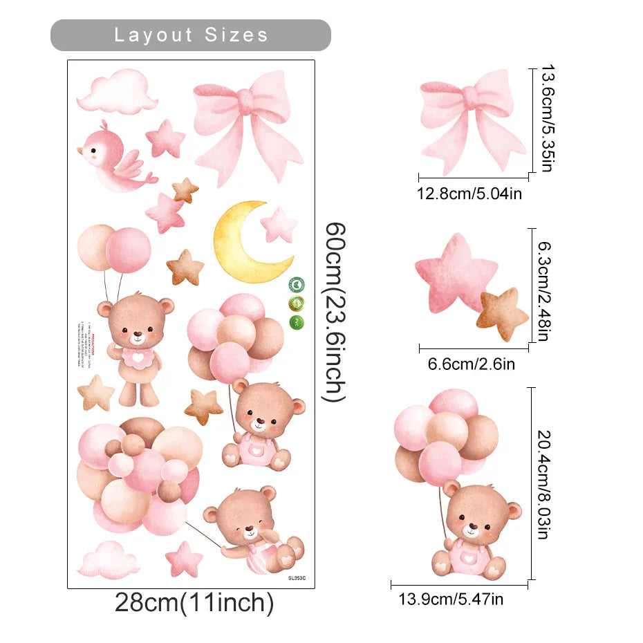 Pink Teddy Bear Balloon Stars Wall Decals