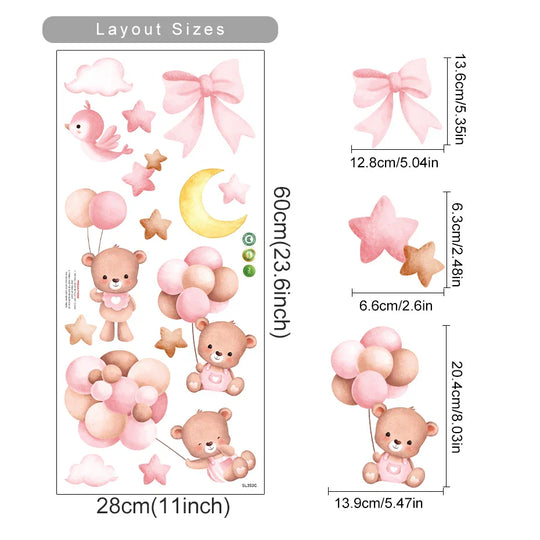 Pink Teddy Bear Balloon Stars Wall Decals