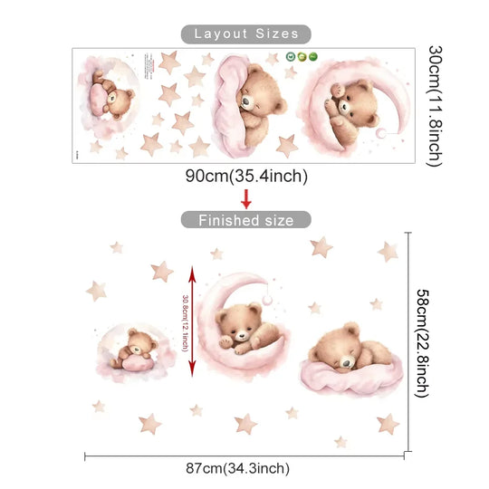 Pink Teddy Bear Balloon Stars Wall Decals