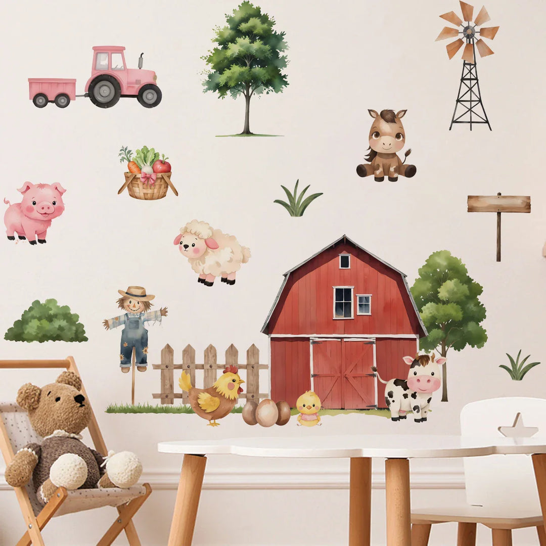 Pink Tractor And Farm Friends Wall Decals For Kids Room