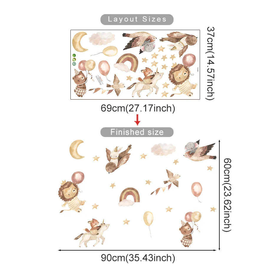 Rainbow Unicorn Hot Air Balloons Wall Decals For Kids Room