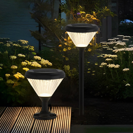 Round Black Solar LED Outdoor Light with Ribbed Lampshade