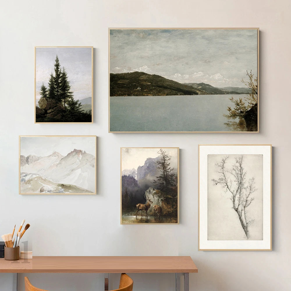 Rustic Vintage Mountain Forest Landscape Canvas Wall Art